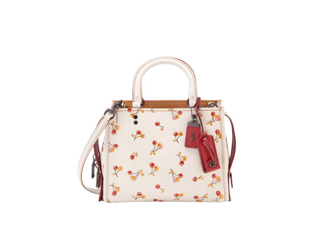 Coach Coach 1941 Rogue Shoulder Bag In Leather and Cherry Print With Silver Hardware White