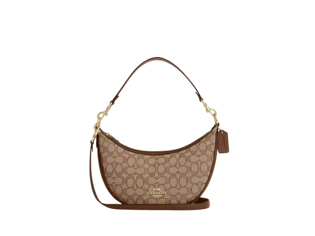 Coach Coach Aria Shoulder Bag In Signature Jacquard And Refined Pebble Leather With Gold Hardware Khaki Saddle Multi