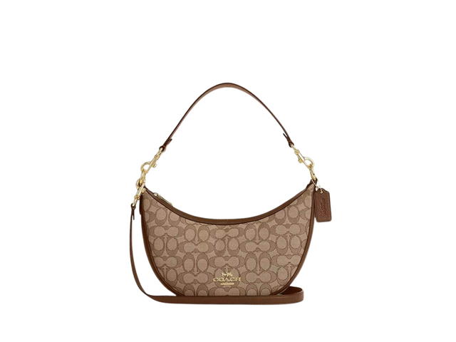 Coach Coach Aria Shoulder Bag In Signature Jacquard And Refined Pebble Leather With Gold Hardware Khaki Saddle Multi - view 1
