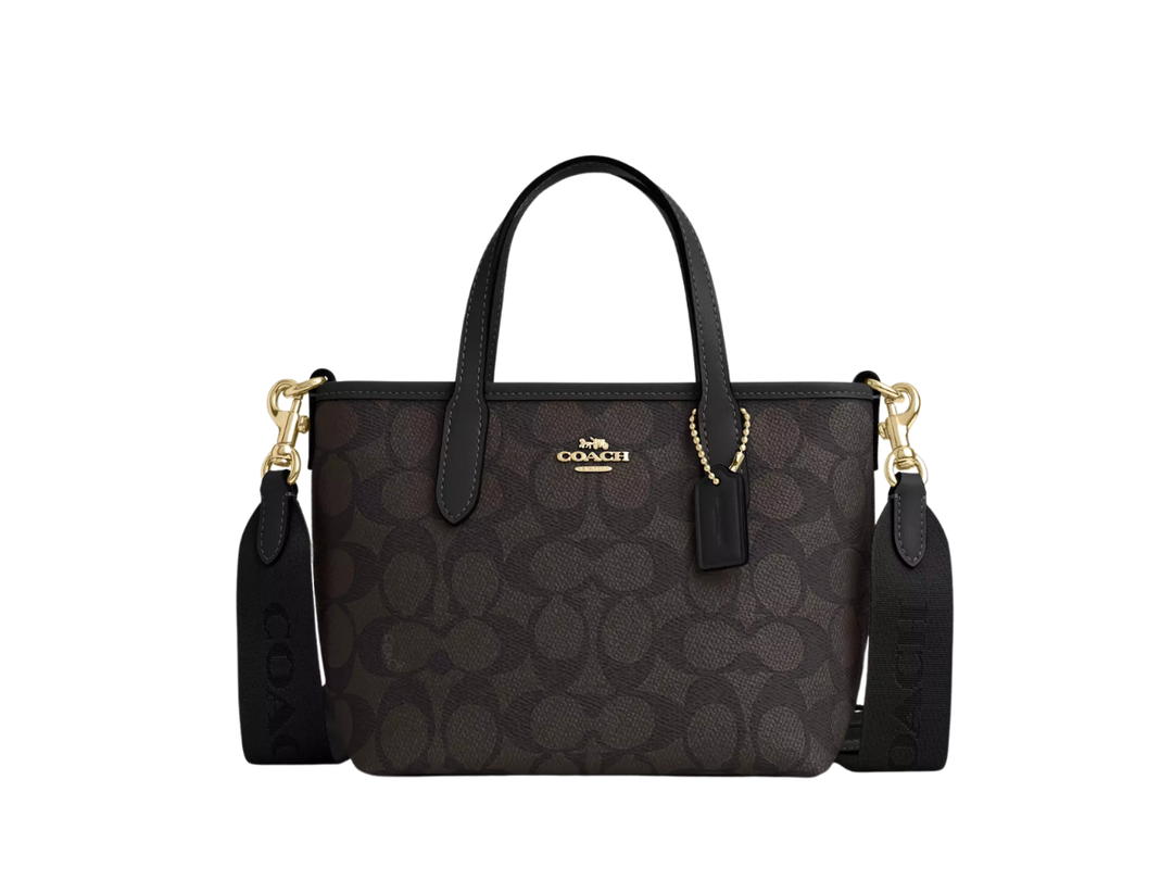 Coach Coach City Mini Tote Bag In Signature Canva With Gold Tone Hardware Walnut Black