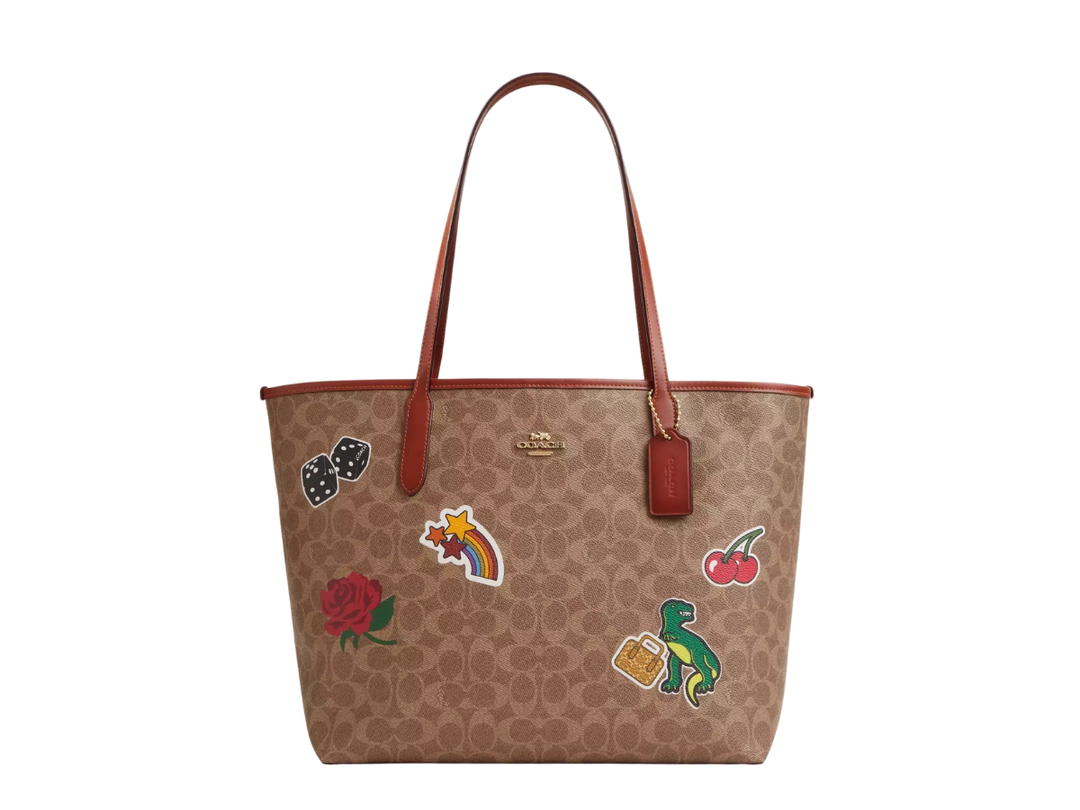 Coach Coach City Tote Bag In Signature Canvas-Sticker Print With Gold Hardware Tan-Multi