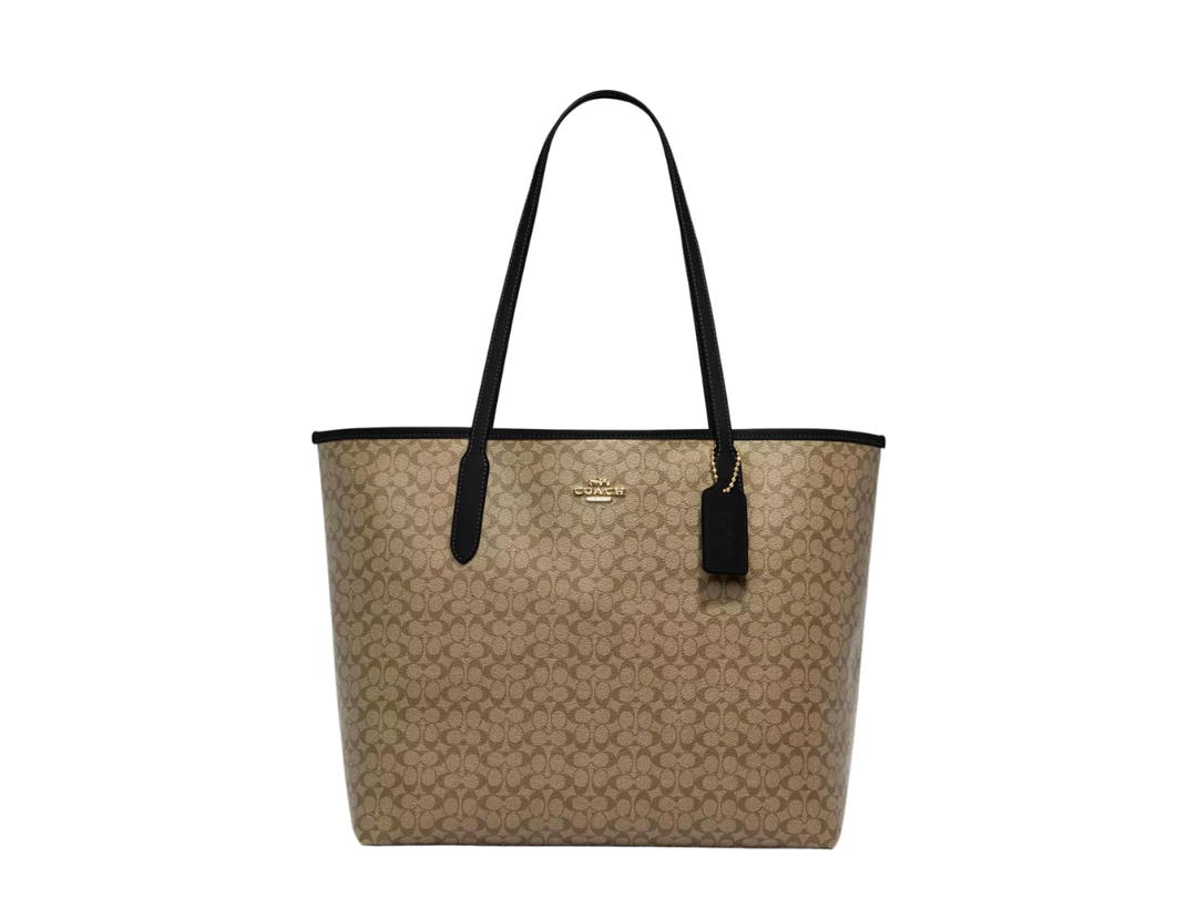 Coach Coach City Tote In Signature Coated Canvas With Smooth Leather Details Gold-Khaki-Black