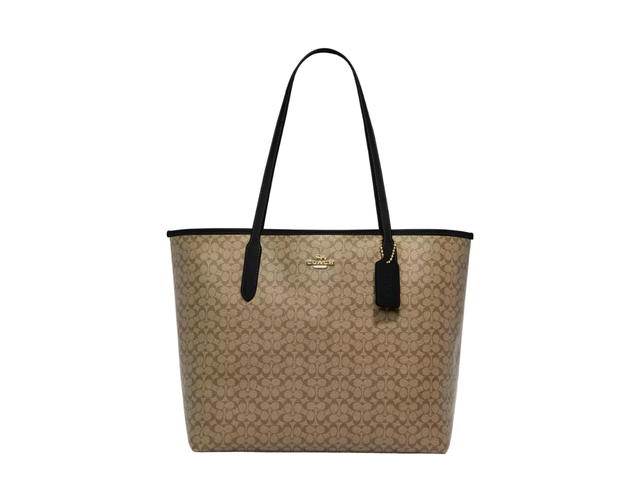 Coach Coach City Tote In Signature Coated Canvas With Smooth Leather Details Gold-Khaki-Black - view 1