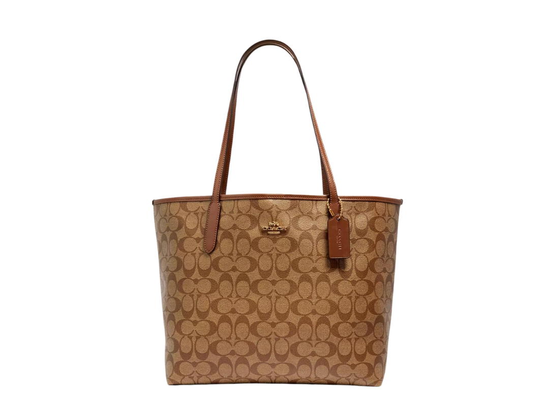 Coach Coach City Tote In Signature Coated Canvas With Smooth Leather Details Gold-khaki Saddle 2