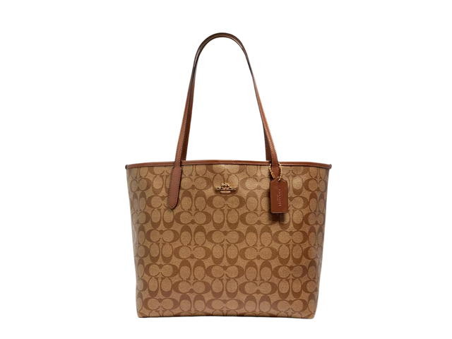 Coach Coach City Tote In Signature Coated Canvas With Smooth Leather Details Gold-khaki Saddle 2 - view 1