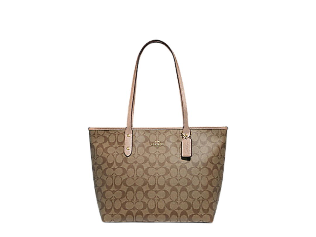 Coach Coach City Zip Tote In Signature Canvas With Rose Gold Hardware Khaki