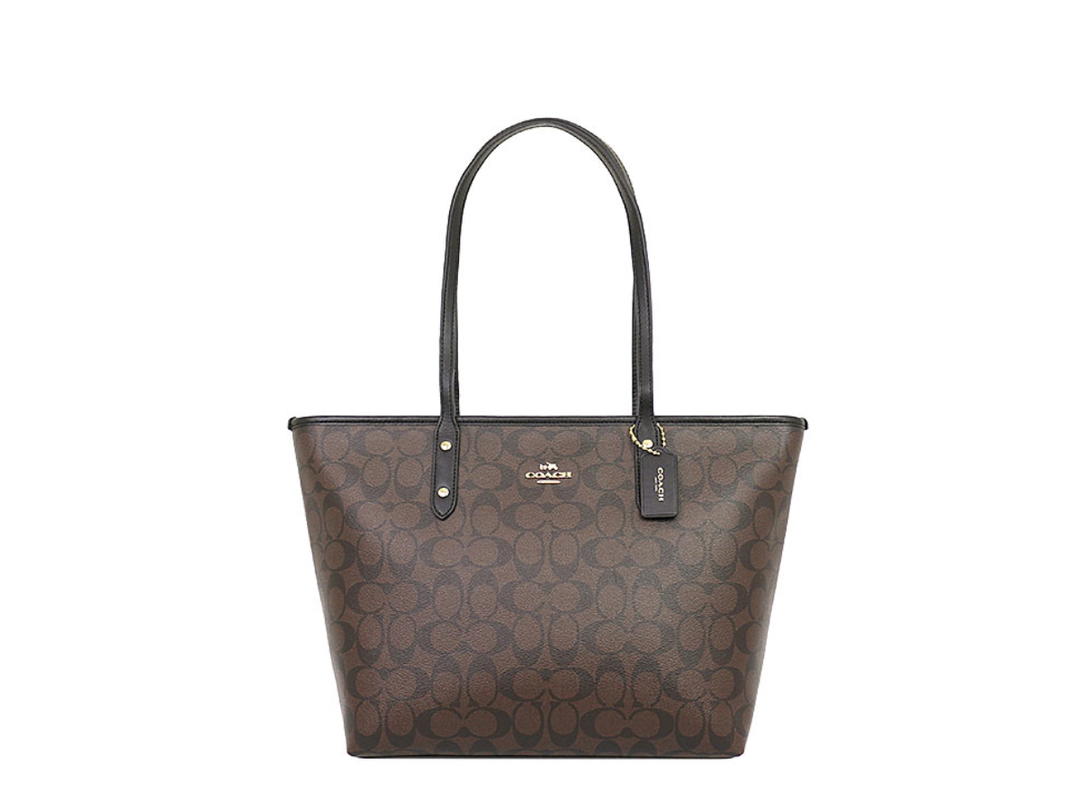 Coach Coach City Zip Tote In Signature With Gold Hardware Brown Black