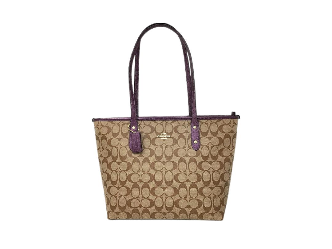 Coach Coach CityI Zip Tote In SignatureI Canvas- Metallic Crossgrain Leather With Gold Hardware Metallic Rasberry