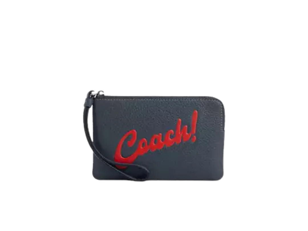 Coach Coach Corner Zip Wristlet With Coach Graphic Silver Denim