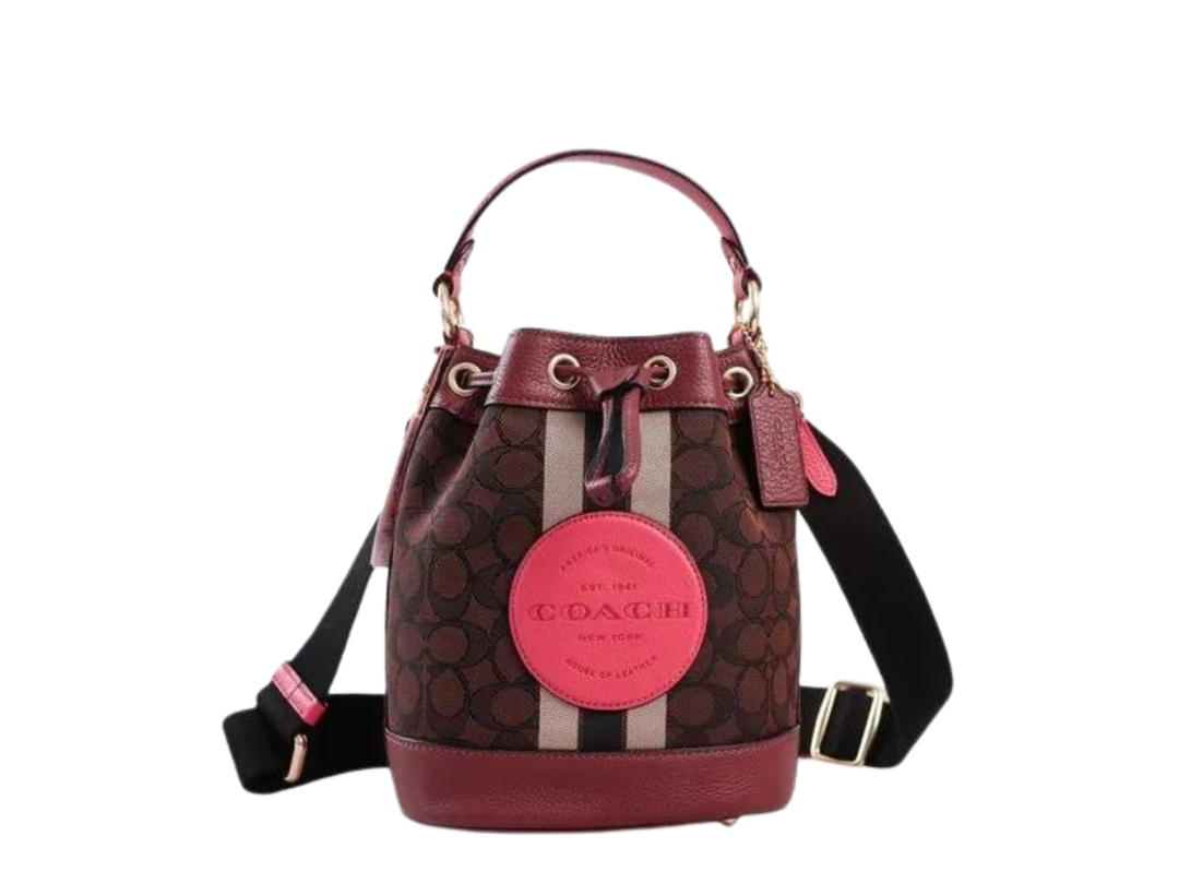 Coach Coach Dempsey Bucket Bag In Signature Jacquard With Stripe And Patch Pink Brown