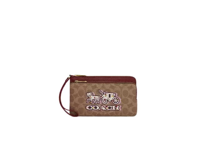 Coach Coach Double Zip Wallet In Signature Canvas With Horse And Carriage Print Tan - view 1