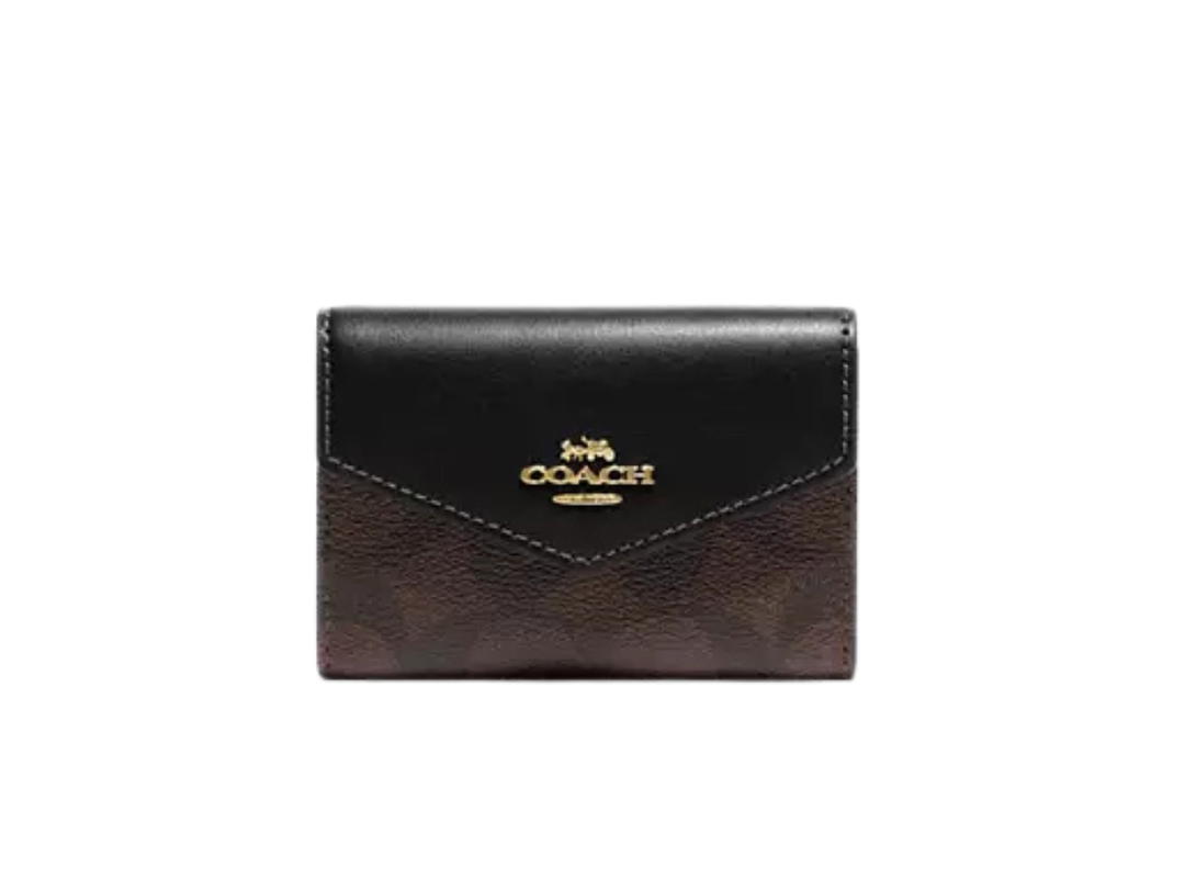 Coach Coach Flap Card Case In Signature Canvas With Gold Tone Hardware Black Brown