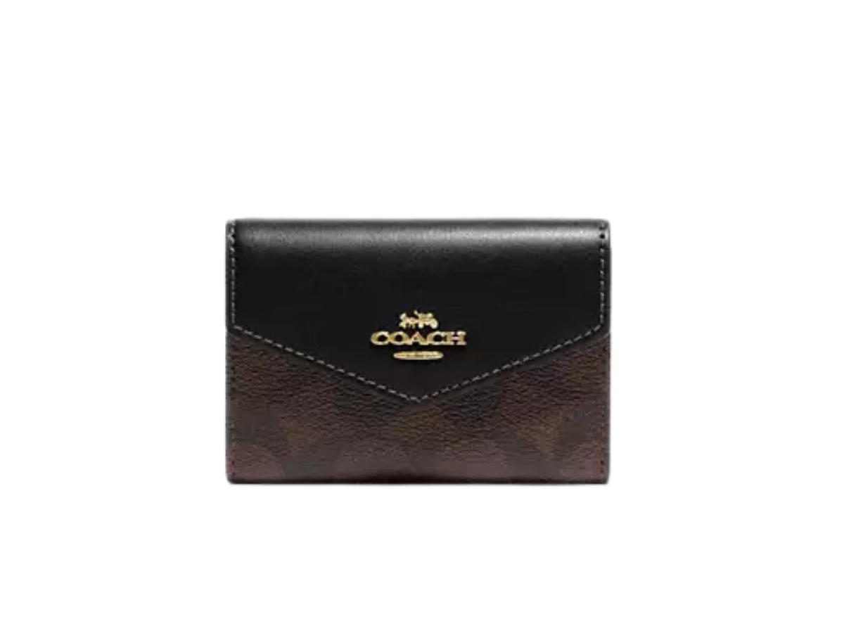 Coach Coach Flap Card Case In Signature Canvas With Gold Tone Hardware Black Brown