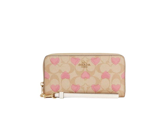 Coach Coach Long Zip Around Wallet In Signature Canvas With Heart Print Gold Hardware Pink - view 1