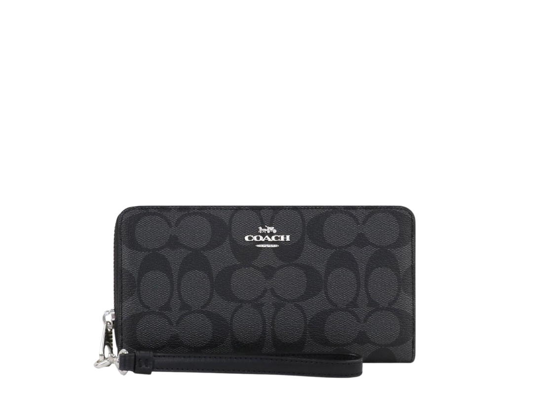 Coach Coach Long Zip Around Wallet In Signature Canvas With Silver Hardware Charcoal Black