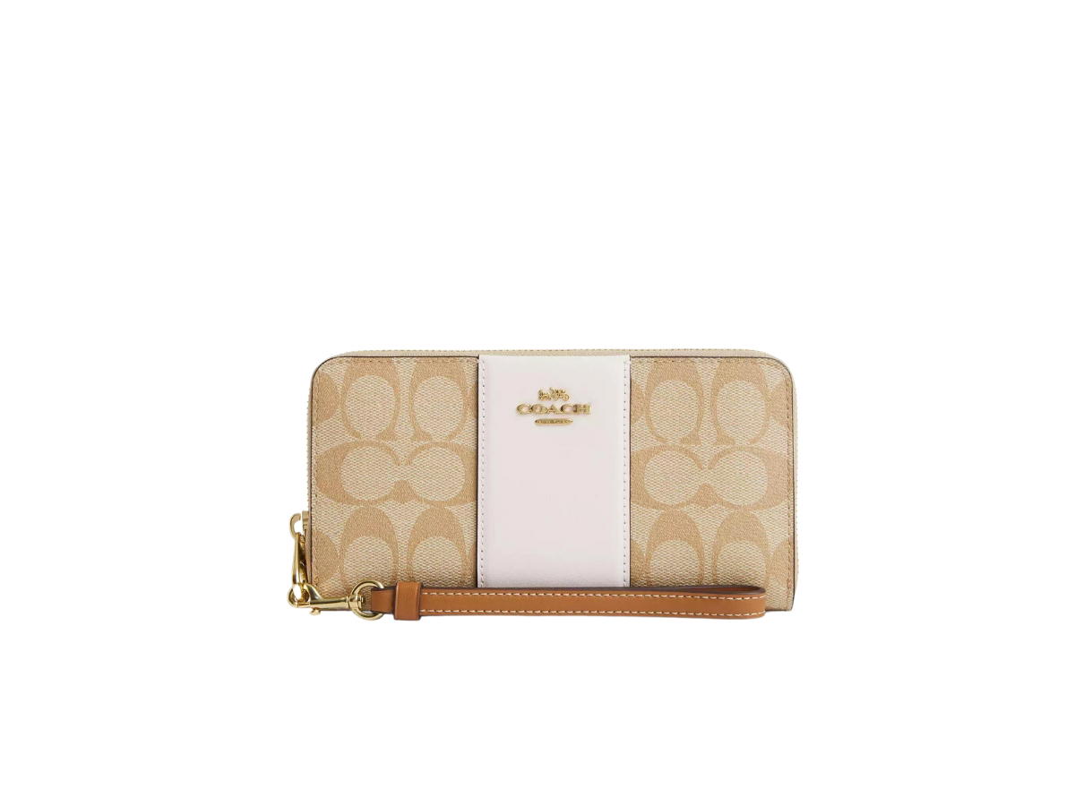 Coach Coach Long Zip Around Wallet In Signature Canvas With Stripe Gold Light Khaki