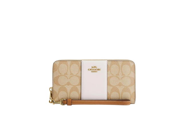 Coach Coach Long Zip Around Wallet In Signature Canvas With Stripe Gold Light Khaki - view 1