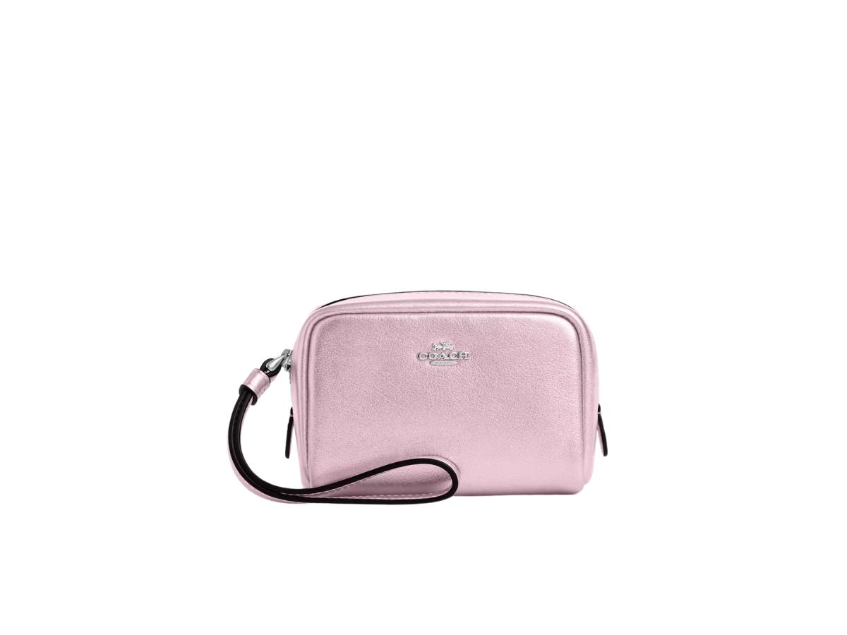 Coach Coach Pouch Wristlet In Foil Metallic Smooth Leather With Silver Hardware Metallic Pink
