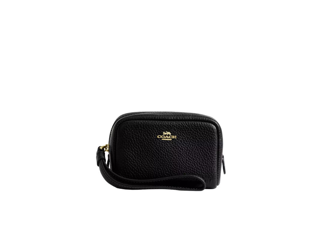 Coach Coach Pouch Wristlet In Refined Pebble Leather With Gold Hardware Black