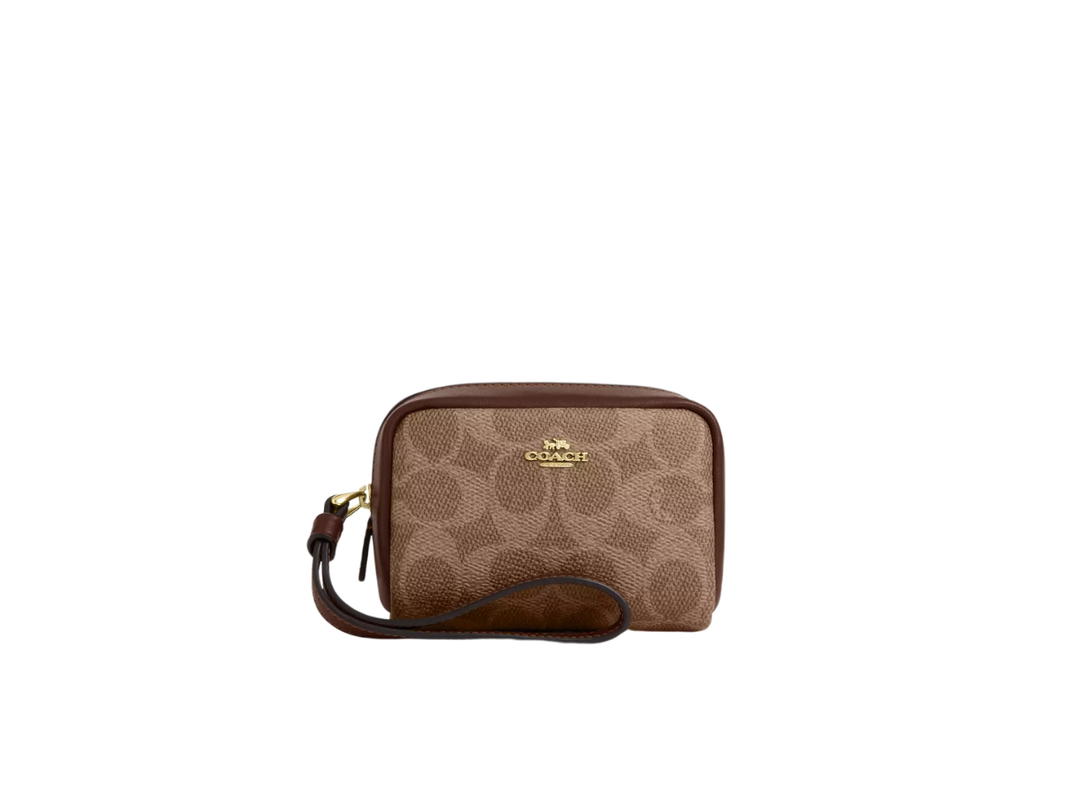 Coach Coach Pouch Wristlet In Signature Coated Canvas With Gold Hardware Tan-Brown