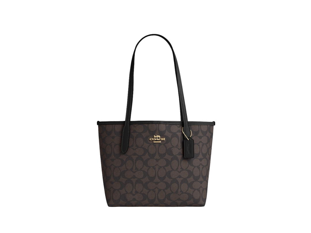Coach Coach Small City Tote Bag In Signature Canvas walnut black