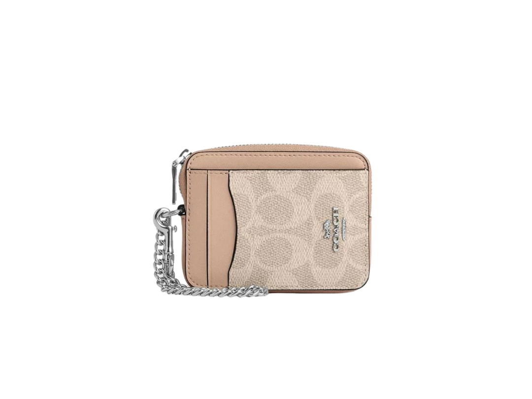 Coach Coach Zip Card Case In Signature Canvas with dogleash clip attached Sand
