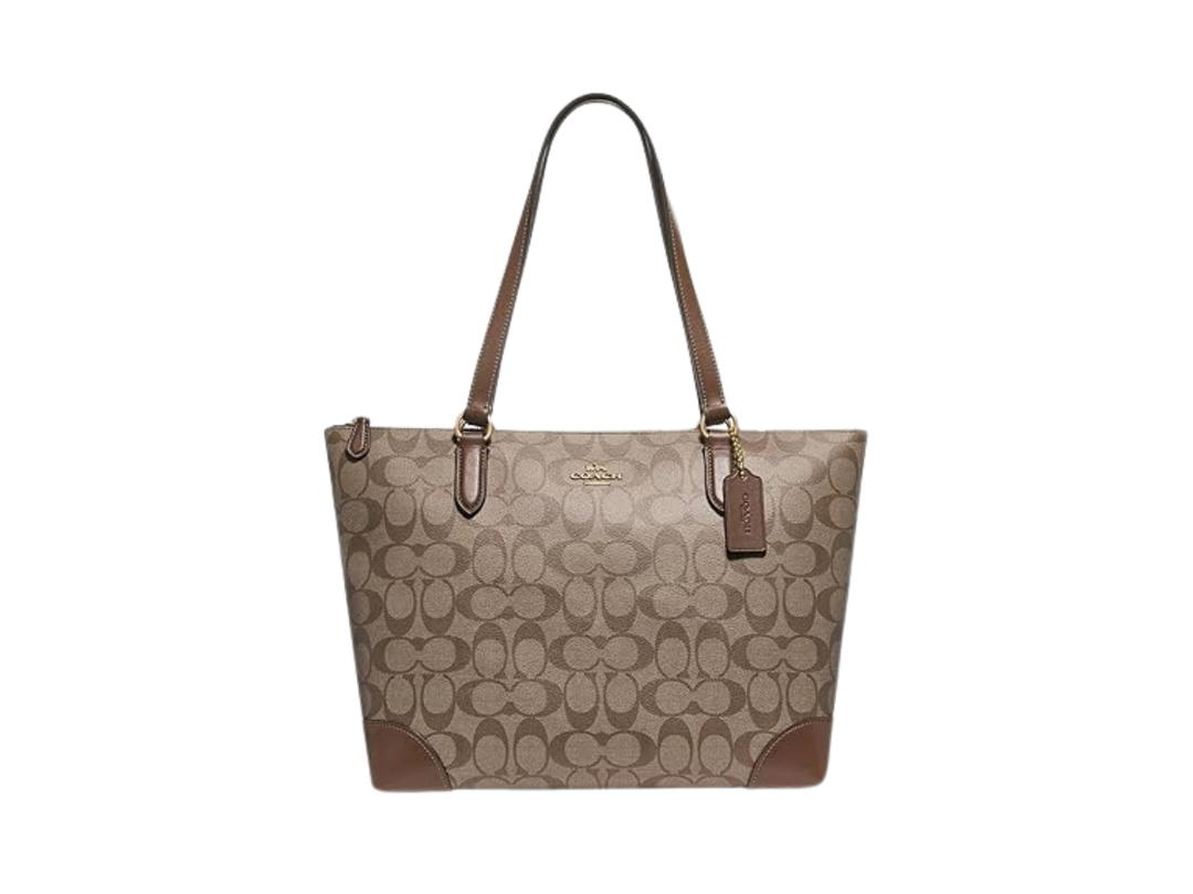 Coach Coach Zip Top Tote In Signature Canvas In Signature Coated Canvas-Smooth Leather With Gold Hardware Khaki