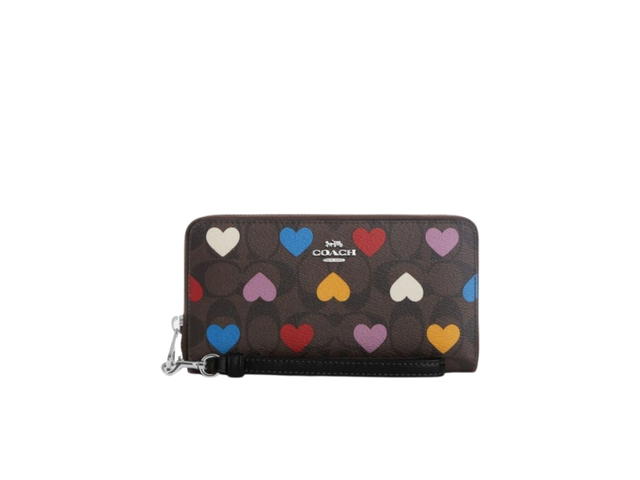 Coach Coach Long Zip Around Wallet In Signature Canvas With Heart Print Brown Black - view 1