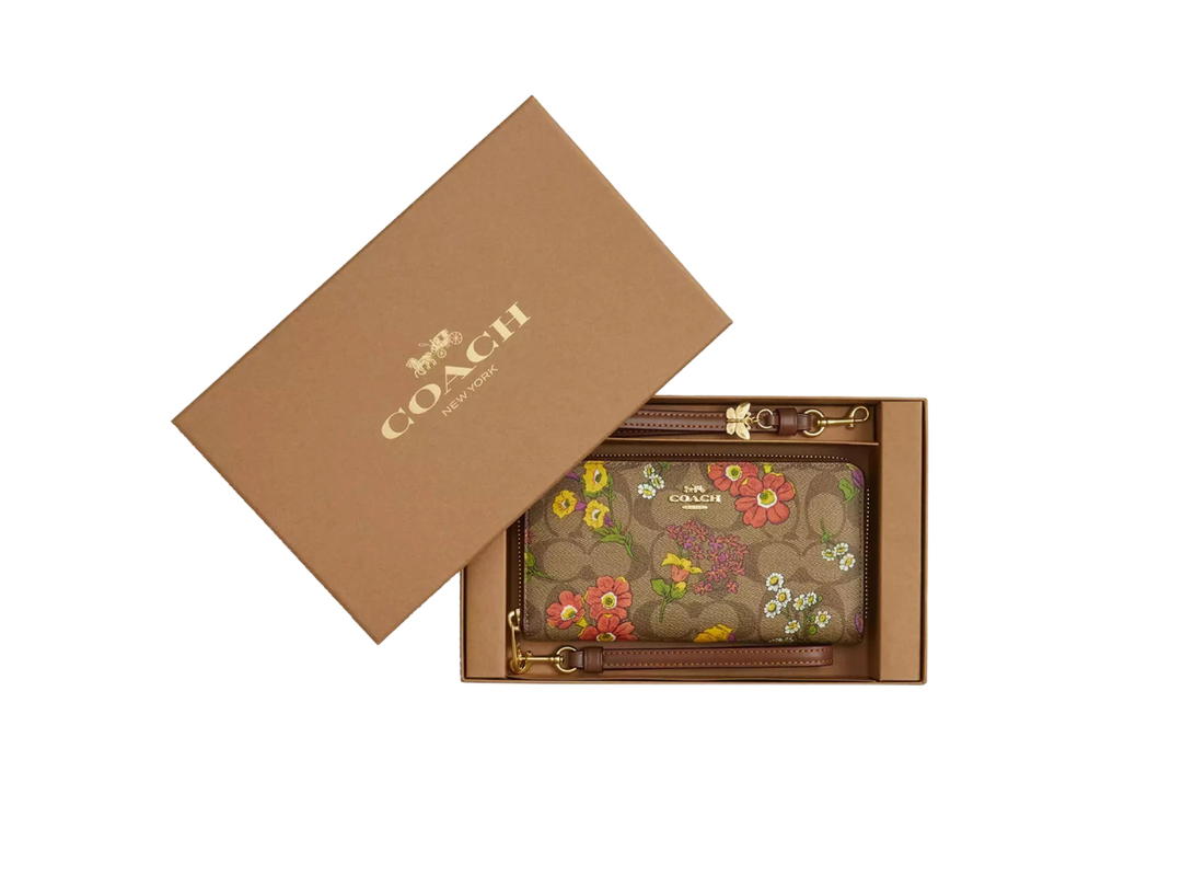 Coach Coach Boxed Long Zip Around Wallet In Signature Canvas With Floral Print Khaki