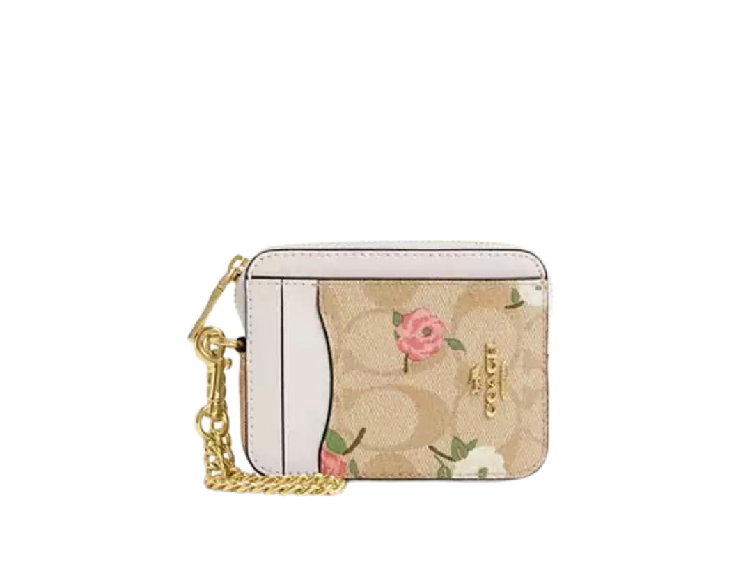 Coach Coach Zip Card Case In Signature Canvas With Floral Print Light Khaki