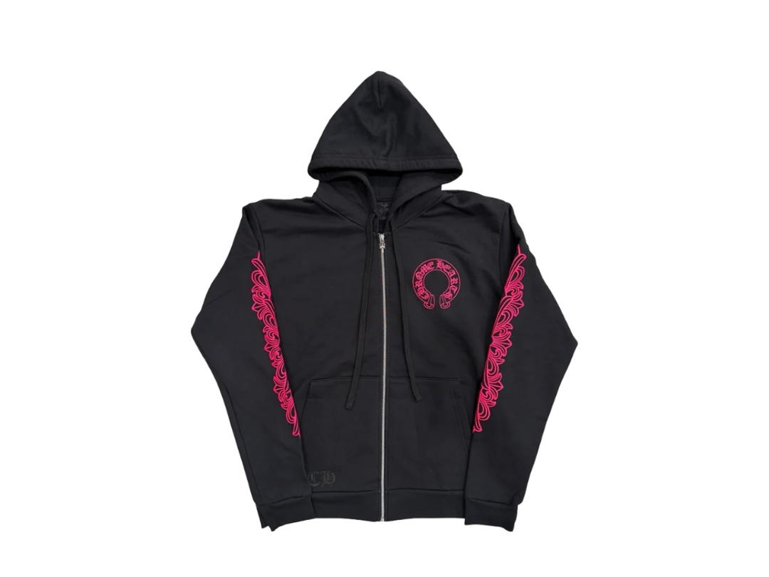 Chrome Hearts Chrome Hearts Horseshoe Floral Sleeve Zip Up Hoodie Pink Black