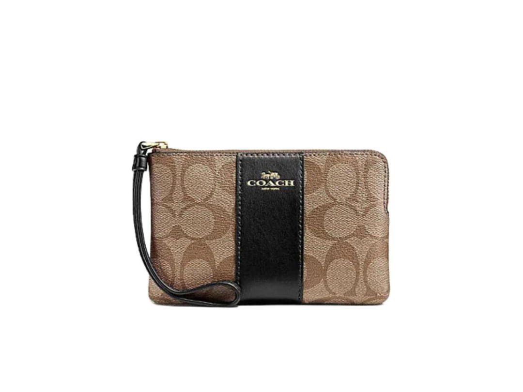 Coach Coach Corner Zip Wristlet In Signature Canvas Khaki Black