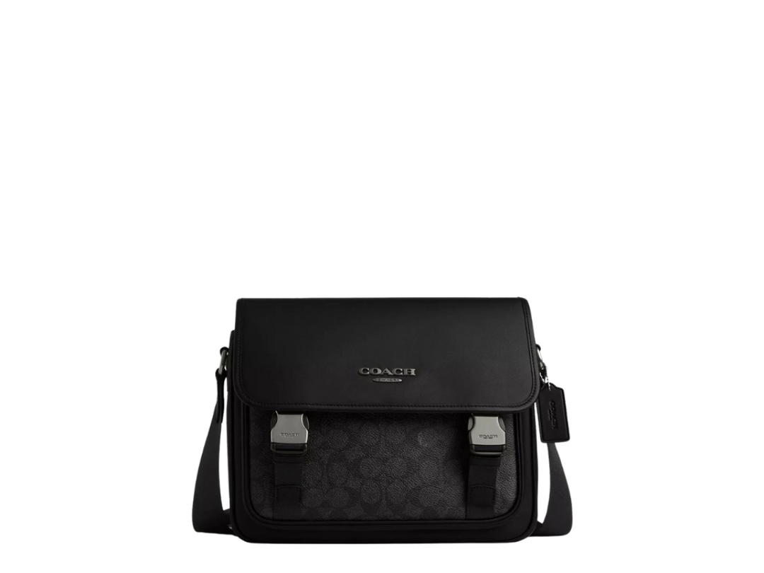Coach Coach Racer Messenger In Signature Canvas With Silver Hardware Charcoal Black Gunmetal