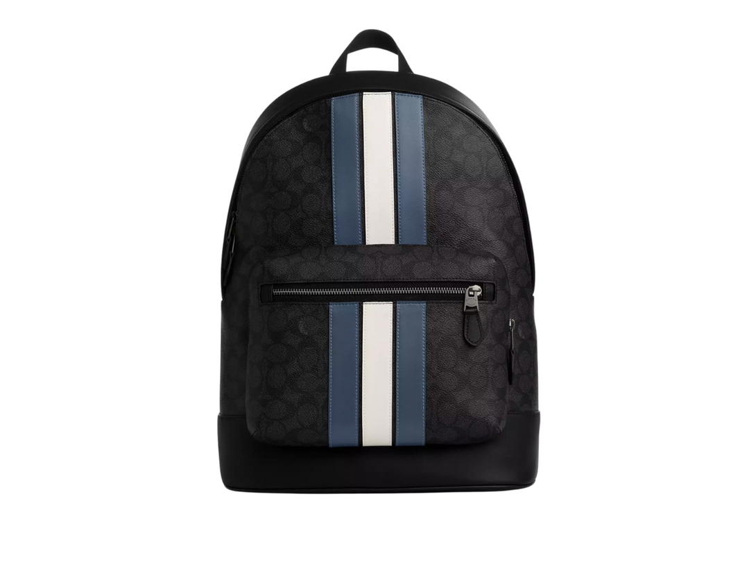 Coach Coach West Backpack In Signature Canvas With Varsity Stripe Gunmetal Charcoal Denim Chalk