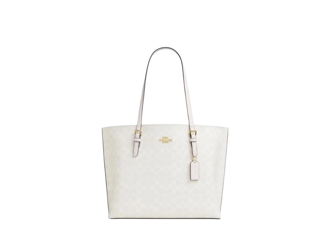Coach Coach Mollie Artificial Leather Tote Bag In Signature Canvas Gold White Chalk Large Size