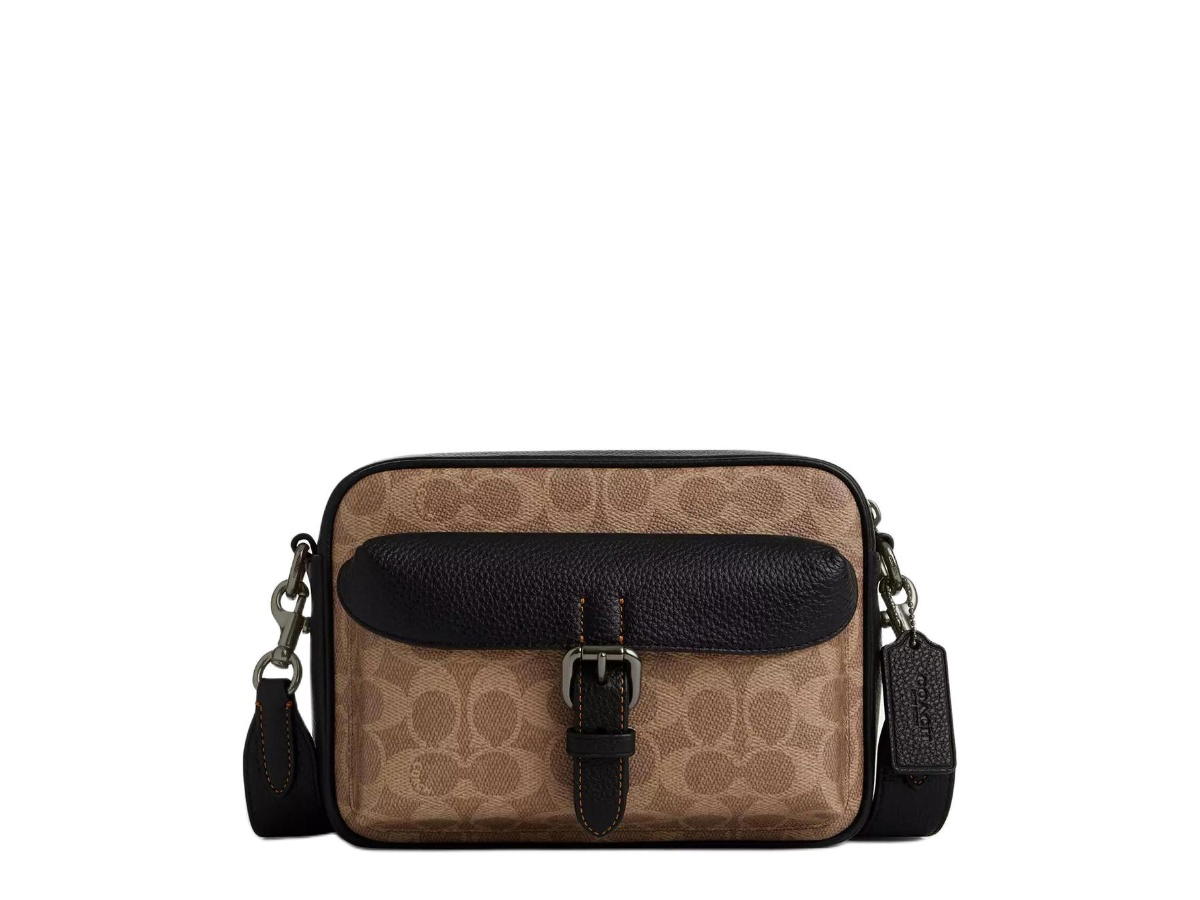 Coach Coach Coated Canvas Shoulder Bag Crossbody Bag Small Size Men's Tan & Black