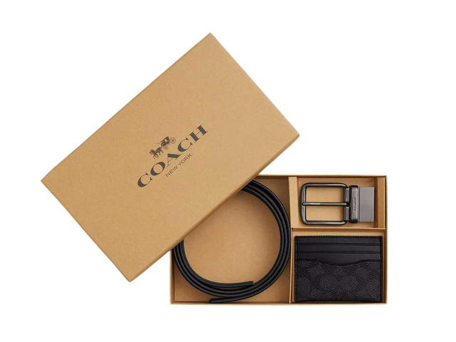 Coach Coach Boxed Card Case And Belt Set In Signature Canvas Gunmetal Charcoal Black - view 1