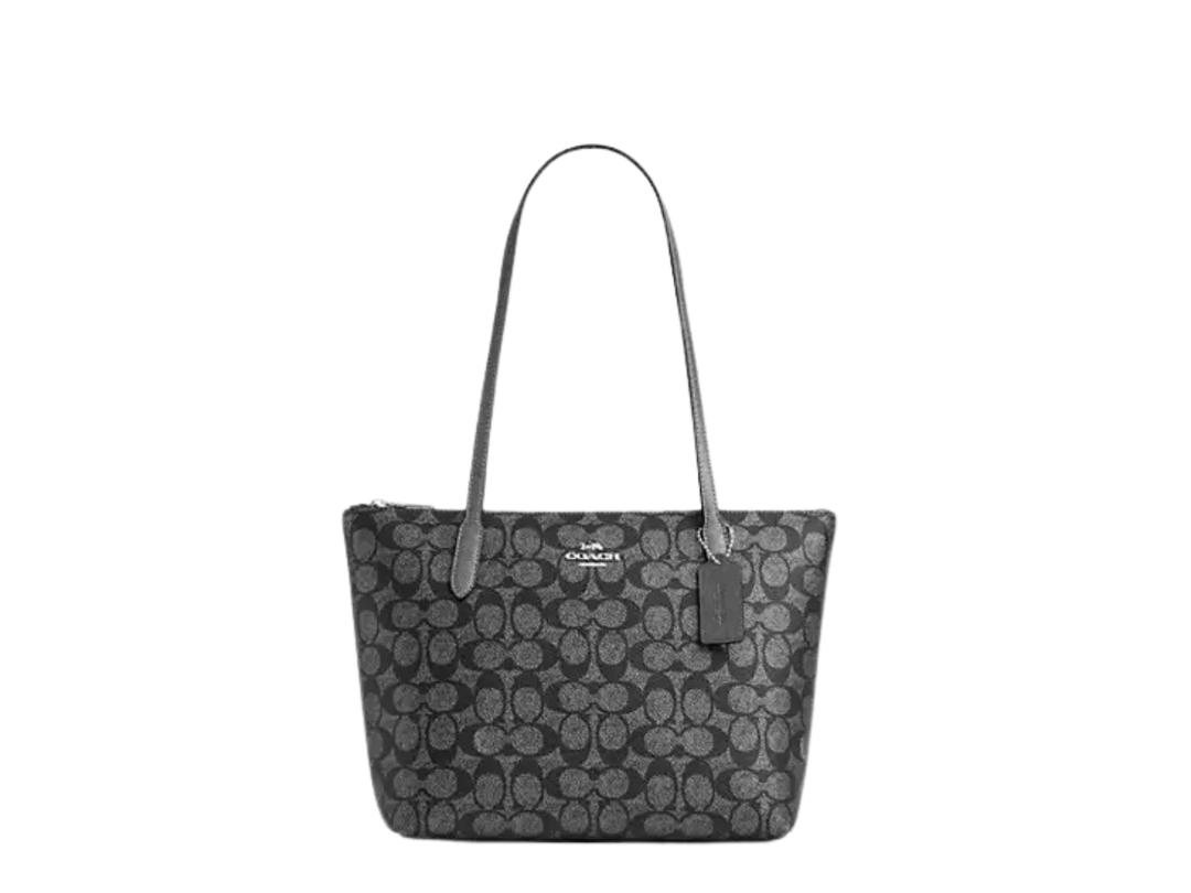 Coach Coach Fiona Zip Tote Bag In Signature Canvasand Metallic Smooth LeatherFabric lining Silver Gunmetal Multi