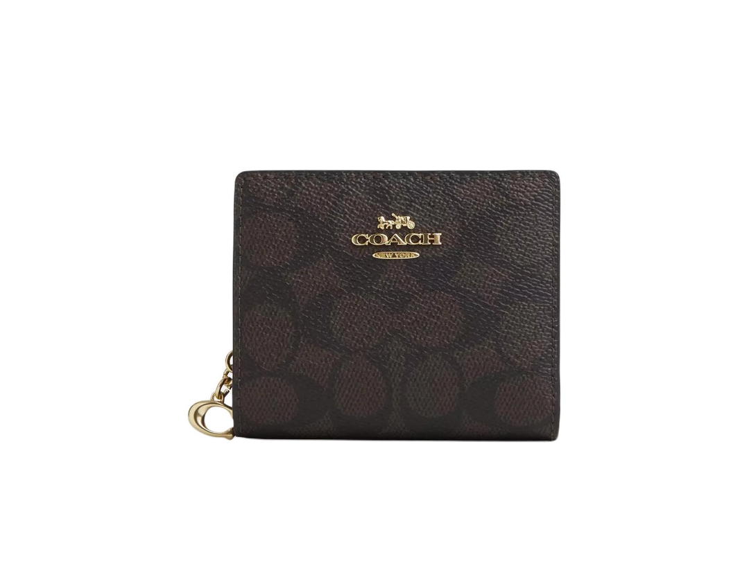 Coach Coach Snap Wallet In Signature Canvas With Gold Hardware Walnut and Black