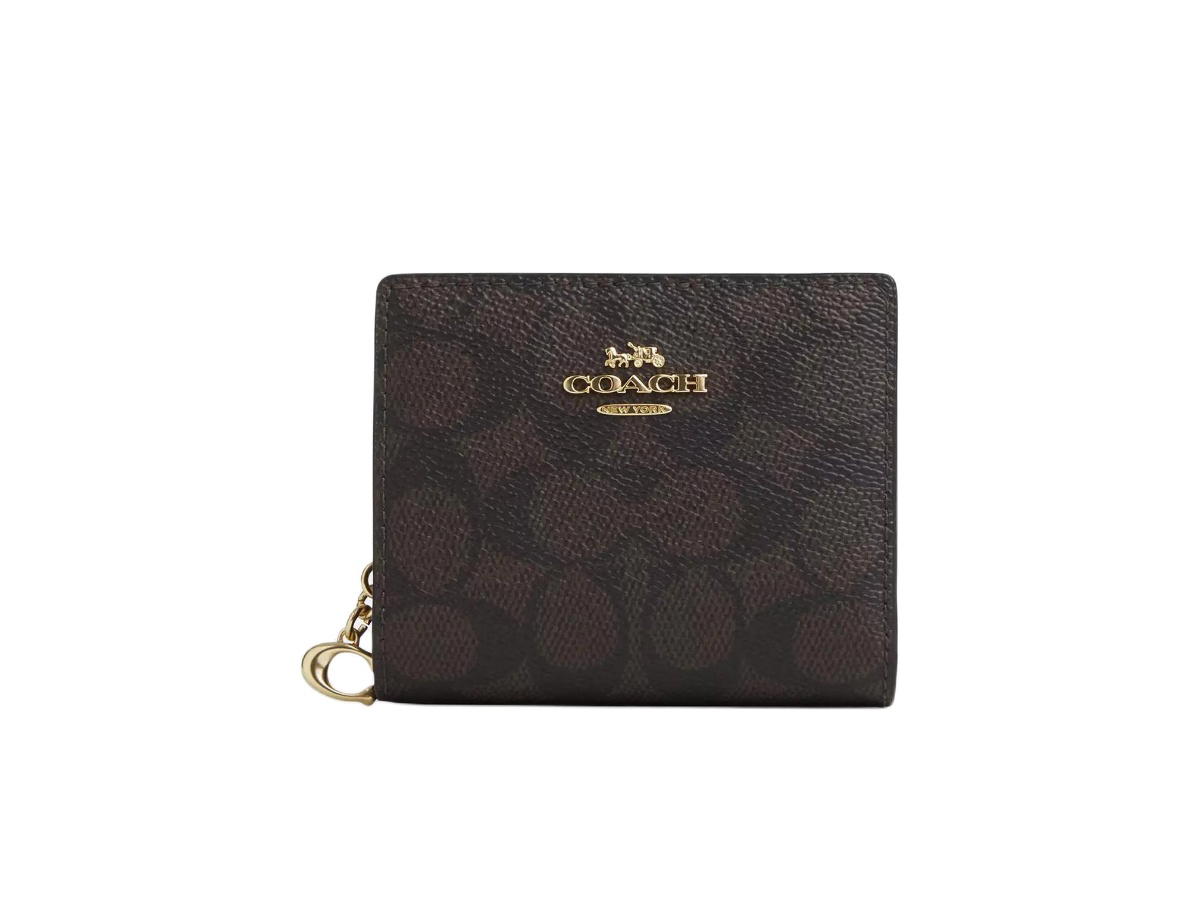 Coach Coach Snap Wallet In Signature Canvas With Gold Hardware Walnut and Black