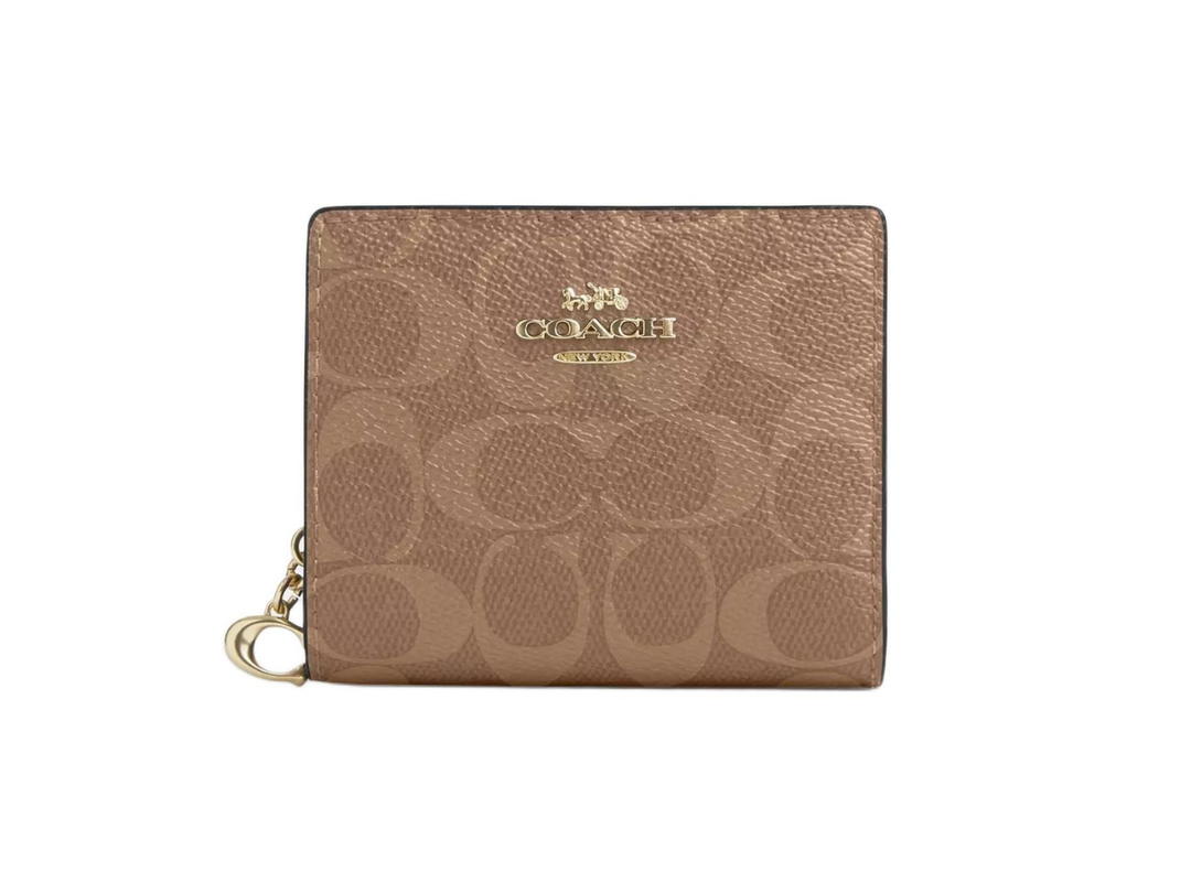 Coach Coach Snap Wallet In Signature Canvas With Gold Hardware Tan And Brown