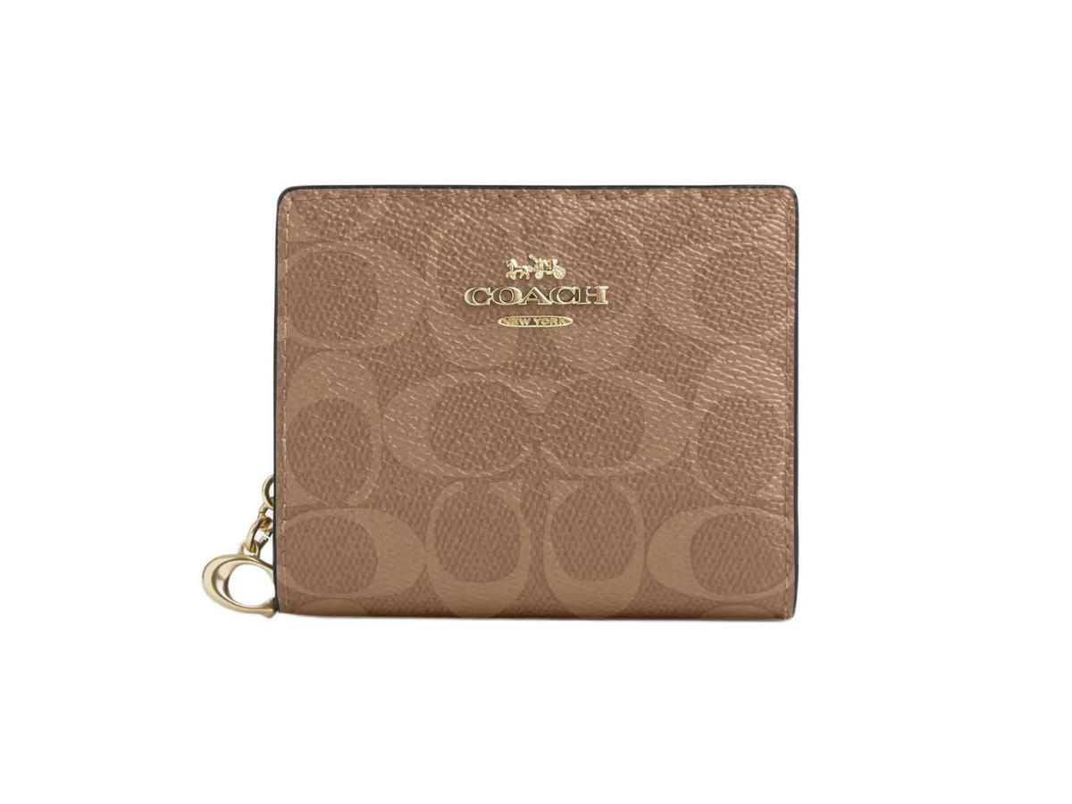 Coach Coach Snap Wallet In Signature Canvas With Gold Hardware Tan And Brown