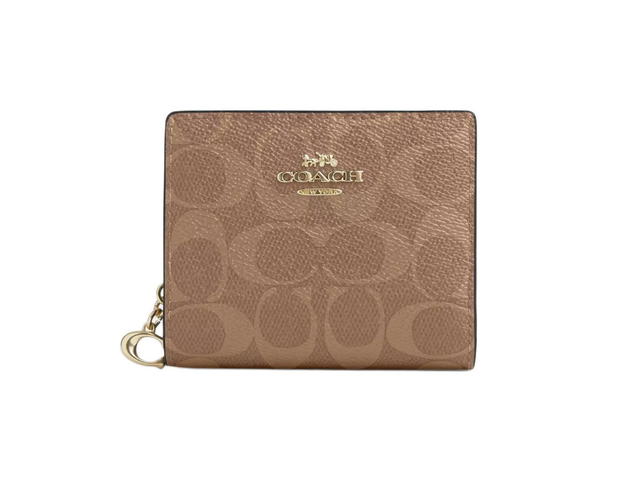 Coach Coach Snap Wallet In Signature Canvas With Gold Hardware Tan And Brown - view 1