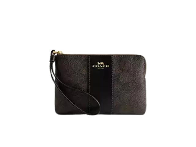 Coach Coach Corner Zip Wristlet In Signature Canvas Walnut Black - view 1