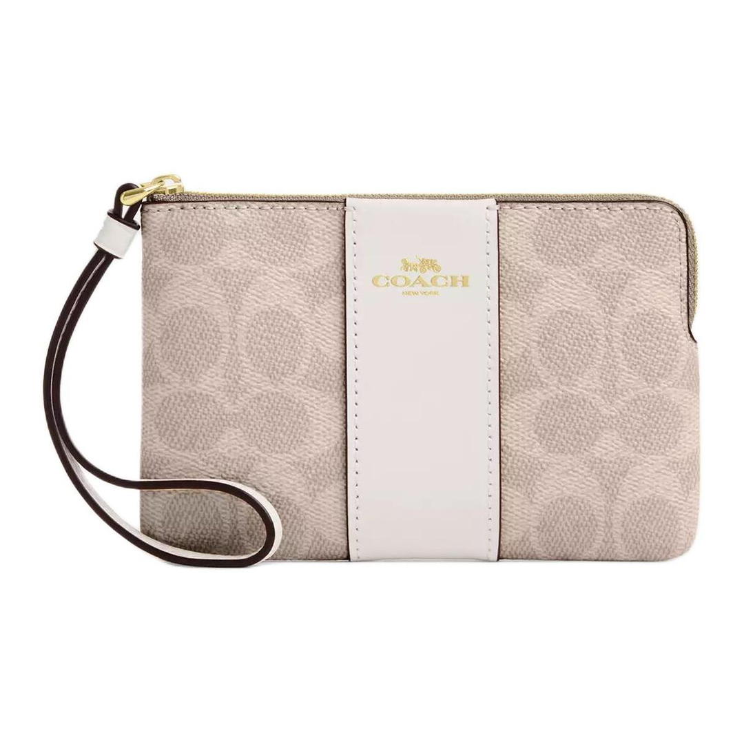 Coach Coach Corner Zip Wristlet In Signature Canvas With Stripe Sand Chalk