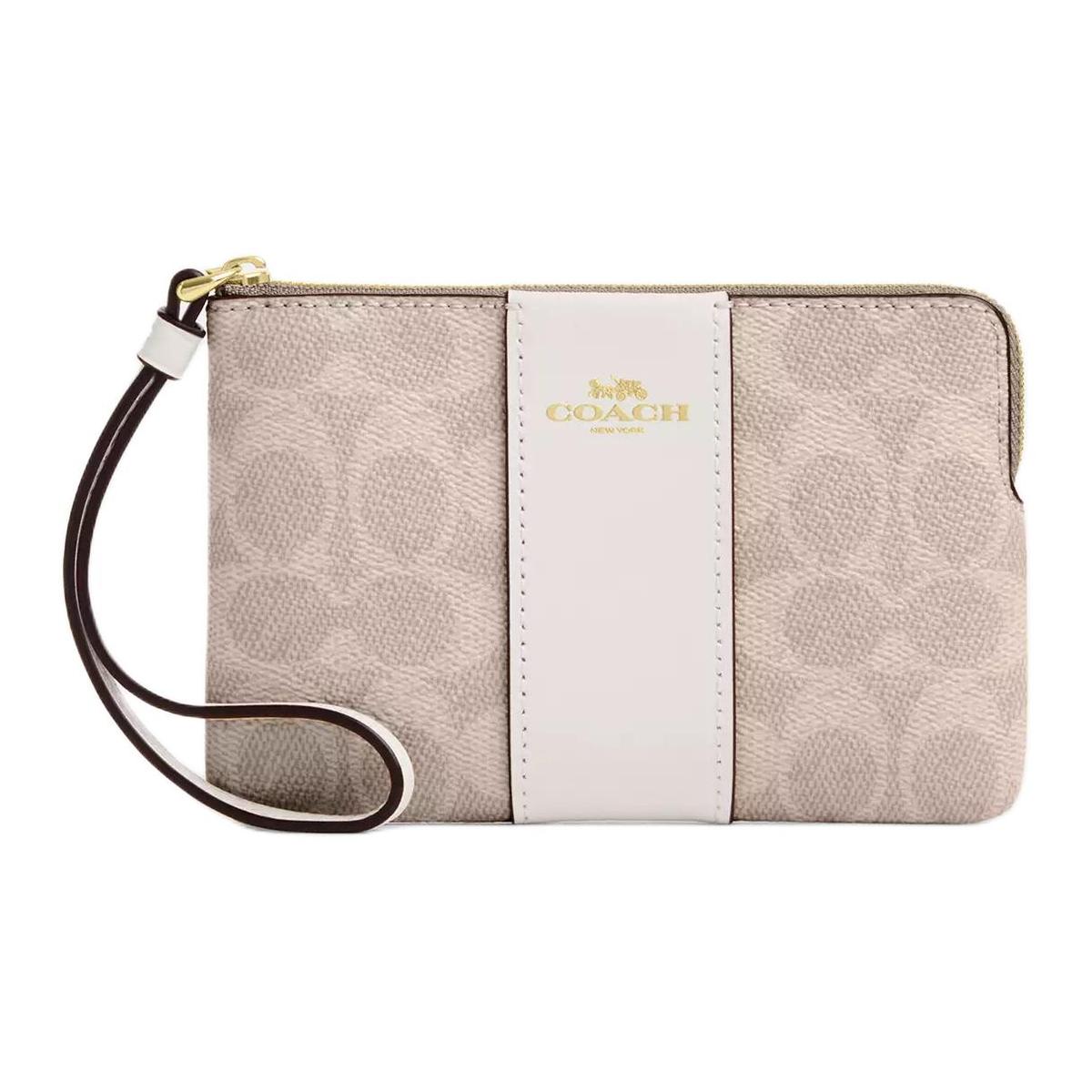 Coach Coach Corner Zip Wristlet In Signature Canvas With Stripe Sand Chalk