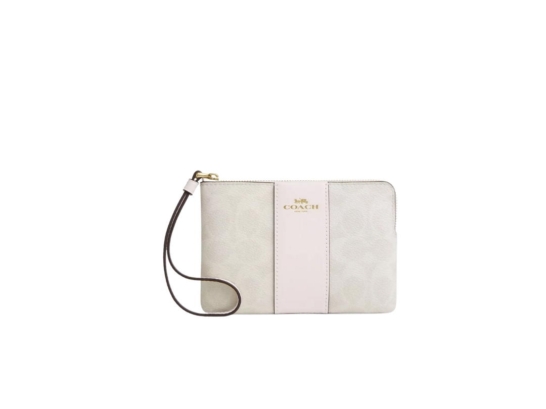 Coach Coach Corner Zip Wristlet In Signature Canvas With Stripe White Chalk