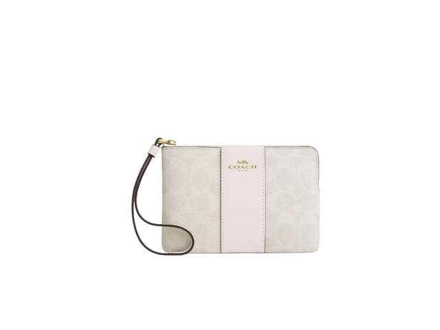 Coach Coach Corner Zip Wristlet In Signature Canvas With Stripe White Chalk - view 1