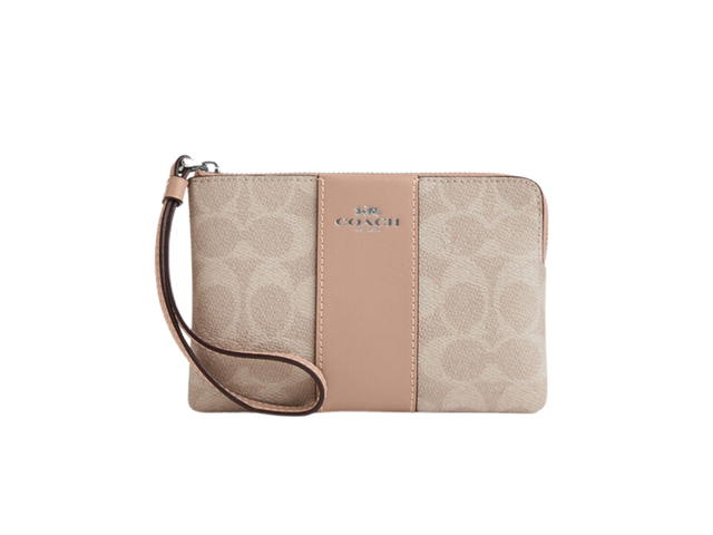 Coach Coach Corner Zip Artificial Leather Bonded Cow Split Leather Wrist Bags Clutches Small Size Women's Taupe - view 1