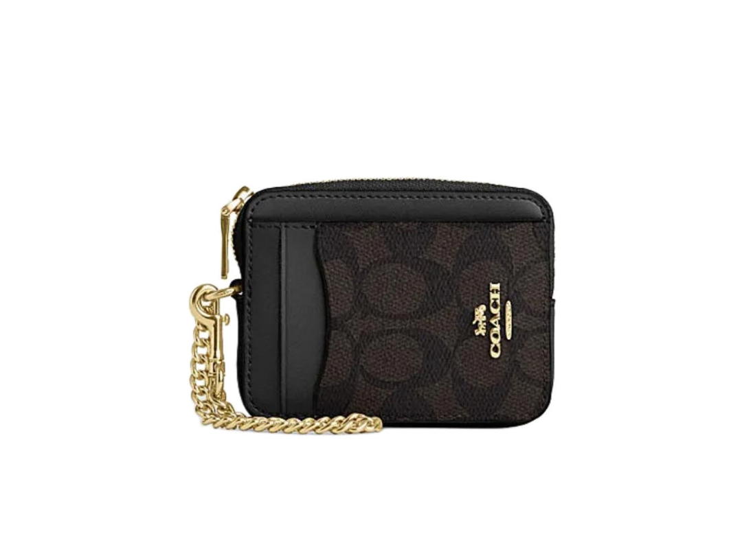 Coach Coach Zip Card Case in Signature Canvas Walnut & Black